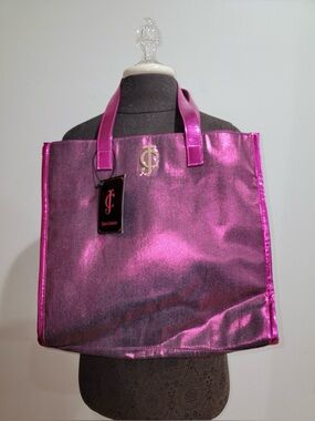 Juicy Couture Metallic Pink/Fuchsia Tote Bag JC Gold Logo Emblem Hot Pink Straps